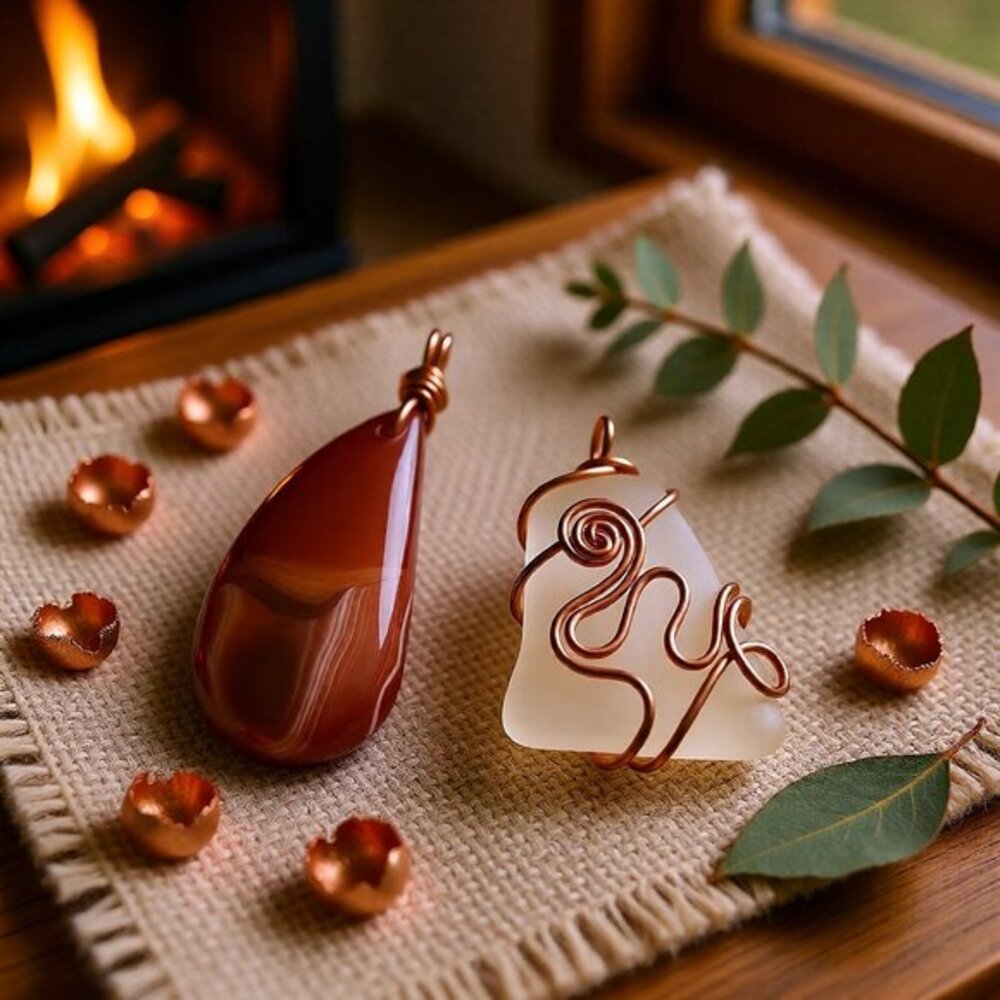 2 Pendant Bundle: Russet Agate Teardrop & Wire Wrapped Tumbled Glass Pendants